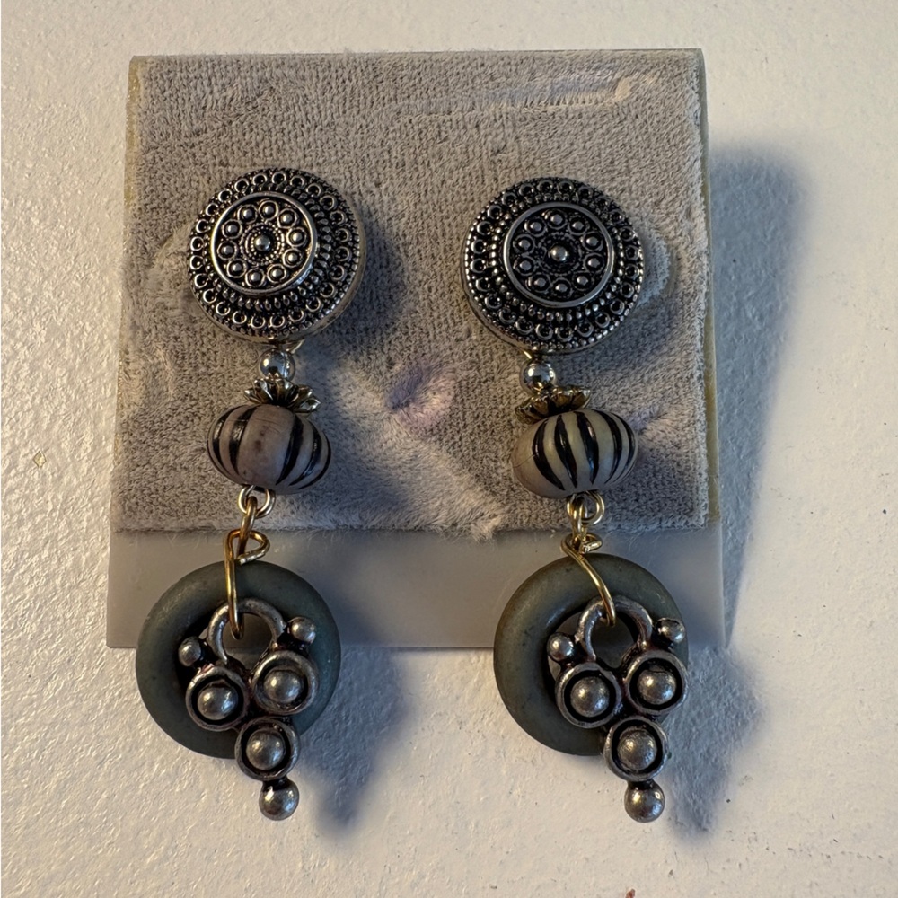 Vintage Dangle Pendant Earrings - Antique Silver Tone with Green Clay Beads - NW